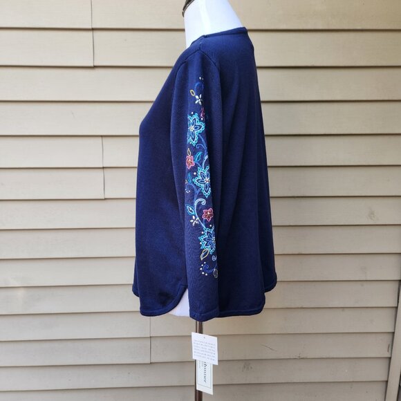 Alfred Dunner Petite Dark Blue Sweater NWT Attached Necklace Embroidered Floral - Picture 8 of 16